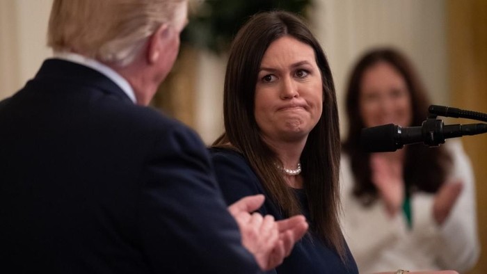 Outgoing White House Press Secretary Sarah Huckabee Sanders speaks alongside US President Donald Trump during a second chance hiring and criminal justice reform event in the East Room of the White House in Washington, DC, June 13, 2019. - President Donald Trump on Thursday made the surprise announcement of the departure of spokeswoman Sarah Sanders, who has been widely criticized for her performance in the White House. 