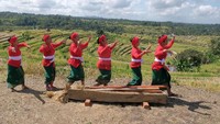 Seniman menampilkan tari Numbug Lesung saat merayakan musim panen di Desa Jatiluwih, Tabanan, Bali, Sabtu (15/6/2019). Kegiatan itu untuk meningkatkan kunjungan wisatawan sekaligus mempertahankan budaya pertanian Bali beserta organisasi Subak di kawasan yang telah ditetapkan sebagai warisan budaya oleh UNESCO tersebut. ANTARA FOTO/Nyoman Hendra Wibowo.