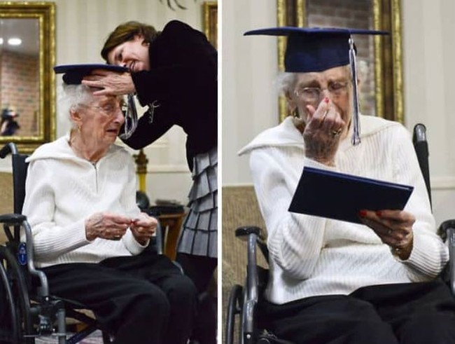 Margaret Thome Bekema seharusnya sudah lulus dari Grand Rapids Catholic Central High pada 1936. Namun pada 1932, ia harus berhenti sekolah untuk merawat saudara dan ibu yang sakit kanker. Berkat bantuan kerabat jauh, Margaret akhirnya berhasil menerima ijazah diploma, 79 tahun kemudian. Usianya saat ini 97 tahun. Foto: Dok. Elite Readers
