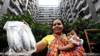 Salah seorang warga menunjukkan ikan yang dibelinya di pasar murah yang digelar oleh Pemprov DKI Jakarta di Rusun Tambora, Jakarta Barat.