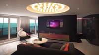 Akan ada 78 kamar mewah atau RockStar Suites yang berlokasi di geladak ke-15. Foto ini adalah rendering ruang tamu Posh Suite (Virgin Voyages/CNN)