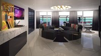 Ini Massive Suite. Ruang tamunya memiliki bar lengkap dan meja melingkar (Virgin Voyages/CNN)