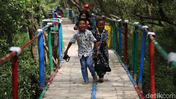 Kawasan hutan mangrove Muara Jaya, Desa Pantai Mekar, Muara Gembong, Kabupaten Bekasi, menjadi objek wisata warga. Warga berwisata dan bersantai di kawasan yang sejuk ini.
