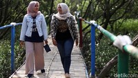 Warga berwisata di hutan mangrove Muara Jaya, Desa Pantai Mekar, Muara Gembong, Kabupaten Bekasi, Jawa Barat, Senin (17/6/2019).