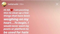 Bella pun sebenarnya sudah meminta maaf lewat unggahan di insta-storynya. Dok. Instagram/bellahadid