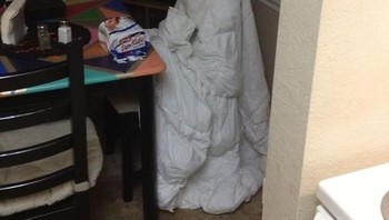 Di bawah cahaya remang lalu melihat penampakan seperti ini pasti kaget luar biasa. Aslinya, ini cuma selimut besar berwarna putih yanh dijemur di bangku meja makan. (Foto: Boredpanda)