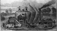 Para petani pernah melakukan perontokan hasil taninya menggunakan mesin uap awal pada tahun 1850. Getty Images/Hulton Archive.