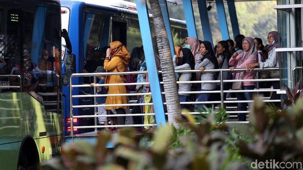Warga ramai-ramai mengantre untuk menjajal bus TransJakarta gratis. Layanan itu diselenggarakan untuk merayakan HUT DKI Jakarta ke-492.