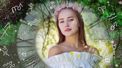 The womans portrait in the astrological atmosphere, zodiac signs and planets