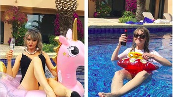 Berenang di atas ban Unicorn serta memegang gelas air anggur, aslinya fotonya tak semewah di Instagram. (Foto: Instagram/geraldinewest_)
