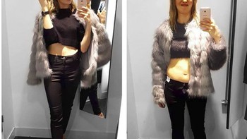 Menjadi gaya foto favorit wanita di ruang fitting, di Instagram menunjukkan perut rata bergaya fancy. Nyatanya perut berlemak makeup apa adanya. (Foto: Instagram/geraldinewest_)