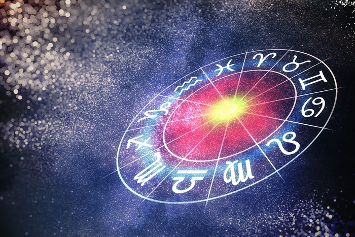 Zodiak The womans portrait in the astrological atmosphere, zodiac signs and planets