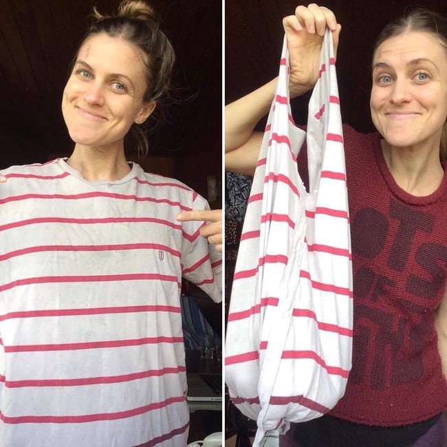 Ubah kaus yang tidak pakai menjadi tas belanja yang unik. Gunting bagian lengan, lalu jahit bagian bawah. Voila, jadilah tas belanja! (Foto: Dok. Brightside)