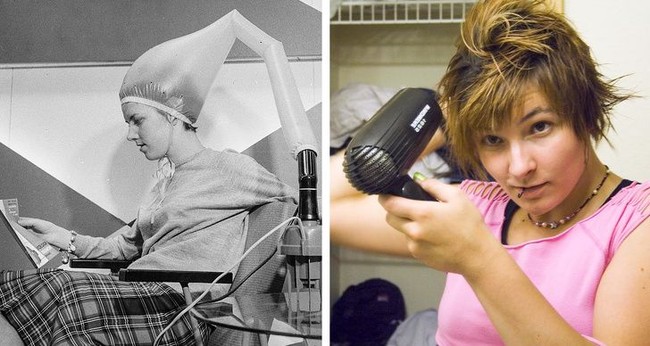 Dilansir dari Brightside, pengering rambut zaman dahulu terlihat lebih besar dibandingkan dengan masa kini yang berukuran lebih kecil sehingga mudah dibawa ke mana saja alias portable. (Foto: Istimewa)