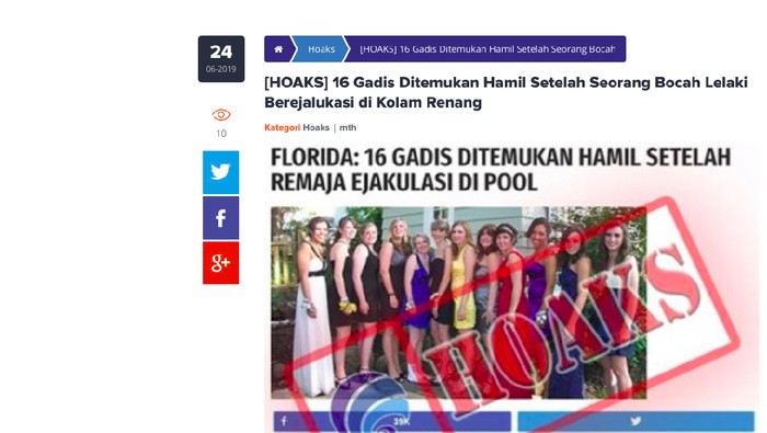 Hoaks gadis hamil karena berenang di kolam renang. Foto: Situs Resmi Kominfo Hoaks gadis hamil karena berenang di kolam renang. Foto: Situs Resmi Kominfo
