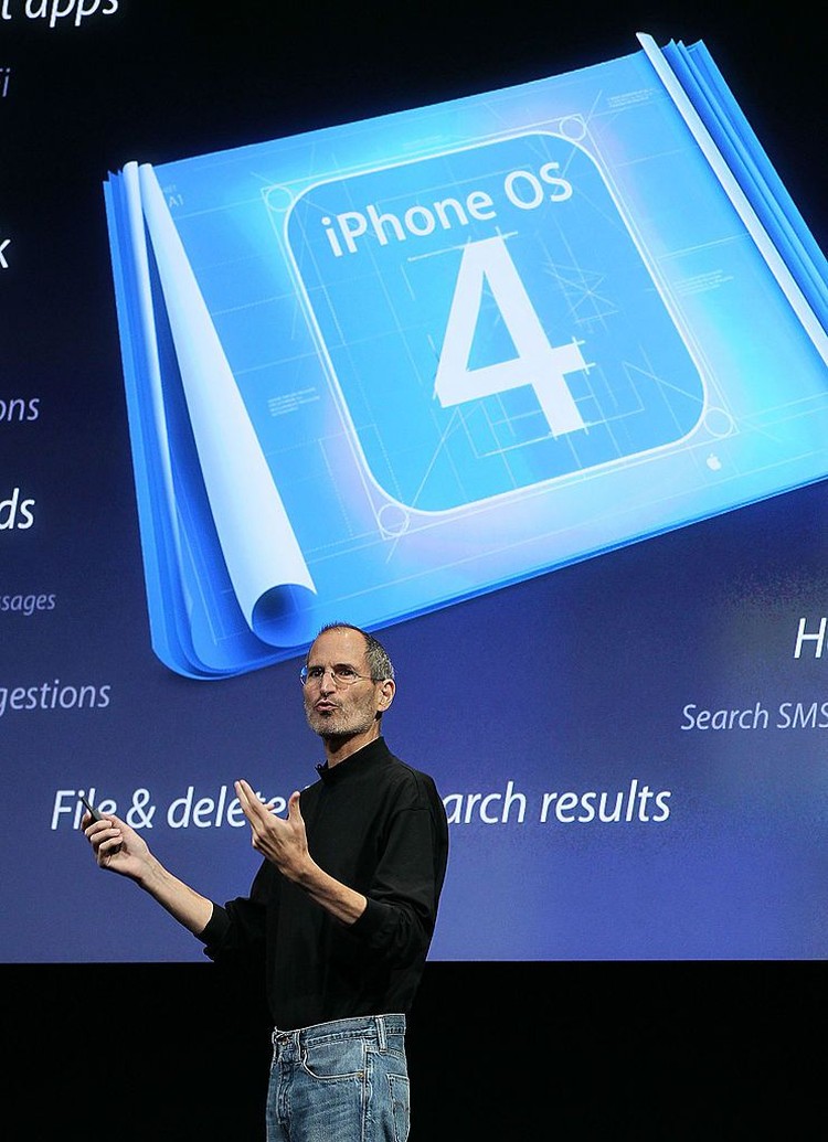 CUPERTINO, CA - APRIL 08:  Apple CEO Steve Jobs announces the new iPhone OS4 software during an Apple special event April 8, 2010 in Cupertino, California.  Jobs announced the new iPhone OS4 software.  (Photo by Justin Sullivan/Getty Images)