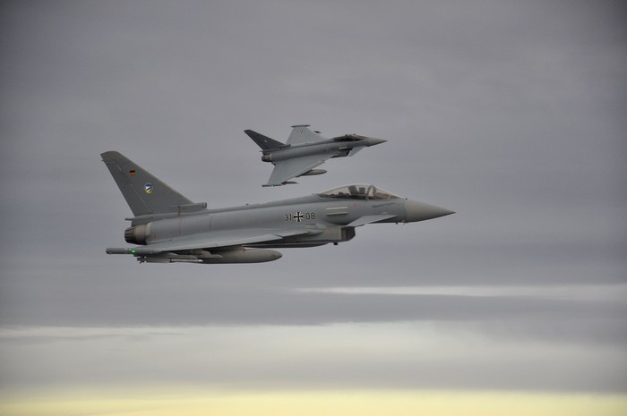 FILE PHOTO: Two German Eurofighter jets simulate the interception of a plane over the Baltic sea November 1, 2018. REUTERS/Sabine Siebold/File Photo