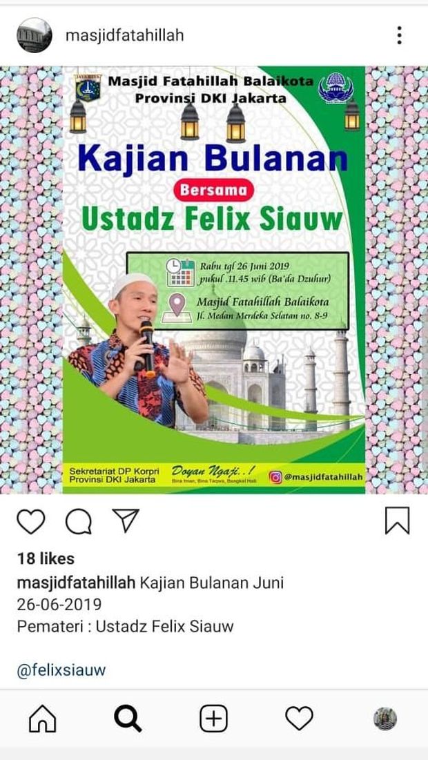 Heboh Poster Kajian Felix Siauw Di Masjid Balai Kota Dki Akhirnya Batal