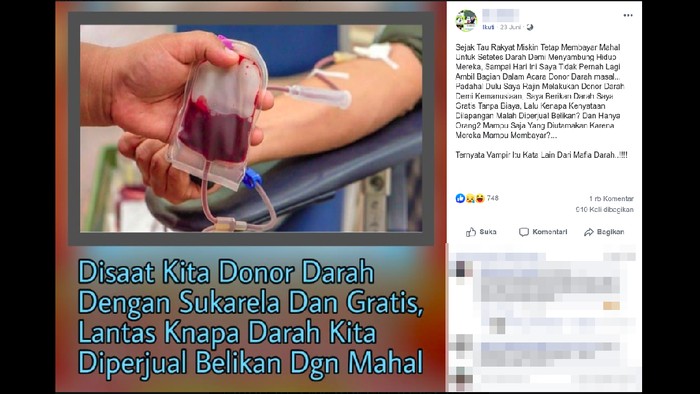 Viral darah dari donor diperjualbelikan. Foto: Tangkapan layar Facebook Viral darah dari donor diperjualbelikan. Foto: Tangkapan layar Facebook