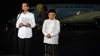 Joko Widodo-Maruf Amin menanggapi putusan Mahkamah Konstitusi (MK) yang menolak gugatan Prabowo-Sandiaga di Lanud Halim Perdanakusuma, Jakarta Timur, Kamis (27/6/2019). Wahyu Putro A/Antara Foto