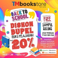 Sedangkan untuk buku, Anda bisa mendapati pilihannya di TM Bookstore. Toko buku tersebut memberikan diskon 20% untuk item buku pelajaran. Adapun gratis sampul gulung setiap pembelian dua pack buku tulis. Foto: Instagram