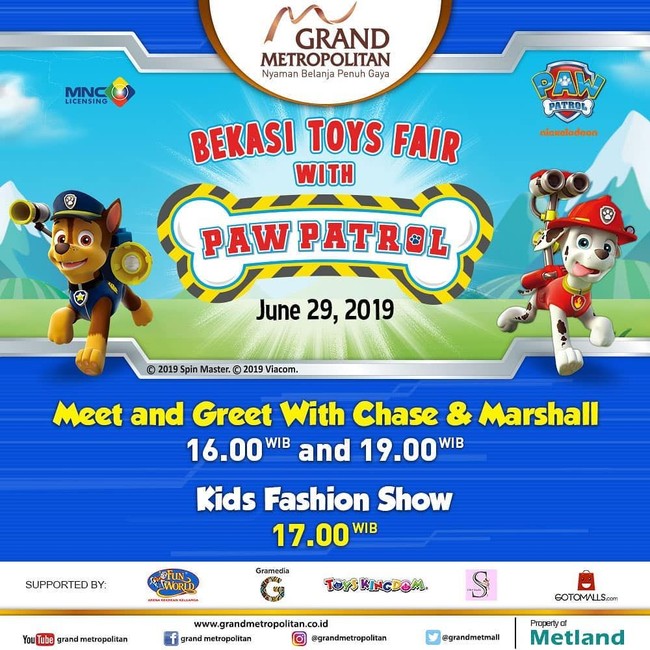Anda yang tinggal di kawasan Bekasi dapat mengunjungi Grand Metropolitan bersama anak-anak. Di sana, digelar Bekasi Toy Fair degan Paw Patrol hingga 7 Juli 2019. Foto: Dok. Instagram