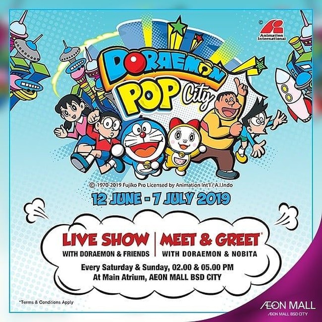 Sedangkan Doraemon dan kawan-kawan dapat ditemui di AEON Mall BSD City. Acara Meet and Greet dan Live Show dari karakter-karakter animasi Jepang itu masih bisa ditemui hingga 7 Juli mendatang. Foto: Dok. Instagram
