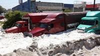 Badai salju menerjang enam kawasan di Kota Guadalajara, Meksiko. Badai itu membuat sejumlah mobil diselimuti salju tebal.