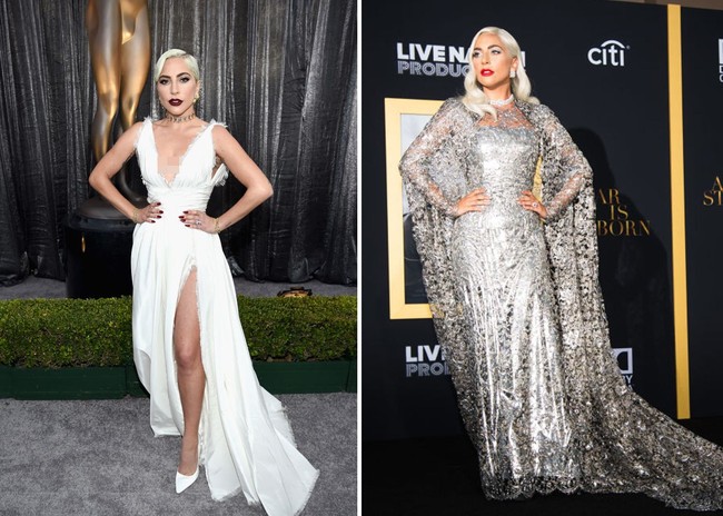 Pose tolak pinggang dengan kedua tangan dan bahu condong ke depan jadi andalan Lady Gaga saat beraksi di depan pewarta foto.Foto: Getty Images