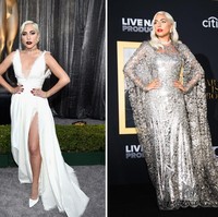 Pose tolak pinggang dengan kedua tangan dan bahu condong ke depan jadi andalan Lady Gaga saat beraksi di depan pewarta foto.Foto: Getty Images