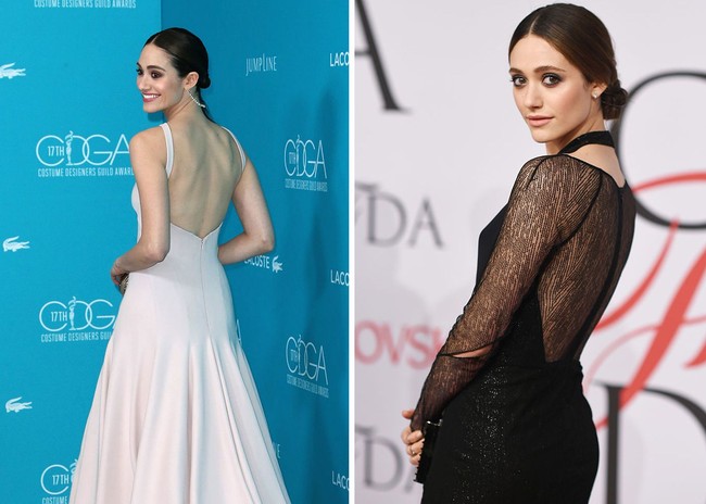 Emmy Rossum sepertinya menjadikan punggungnya sebagai aset untuk berpose menawan di red carpet. Ia kerap kali terlihat menghadap belakang saat dipotret fotografer. Foto: Getty Images