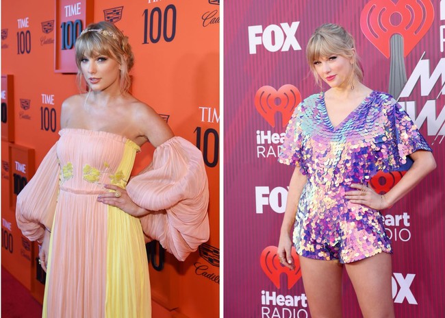 Menghadap samping dengan salah satu tangan berkacak pada pinggul adalah gaya andalan Taylor Swift. Foto: Getty Images