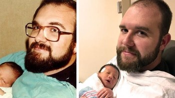 Pose sang anak yang mirip dengan bapaknya kala menggendong bayi. (Foto: Brightside)