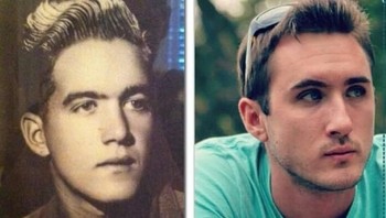 Kakekku pada tahun 1951 disandingkan dengan foto saudara laki-lakiku di tahun 2014, keduanya saat berusia 25 tahun, (Foto: Brightside)