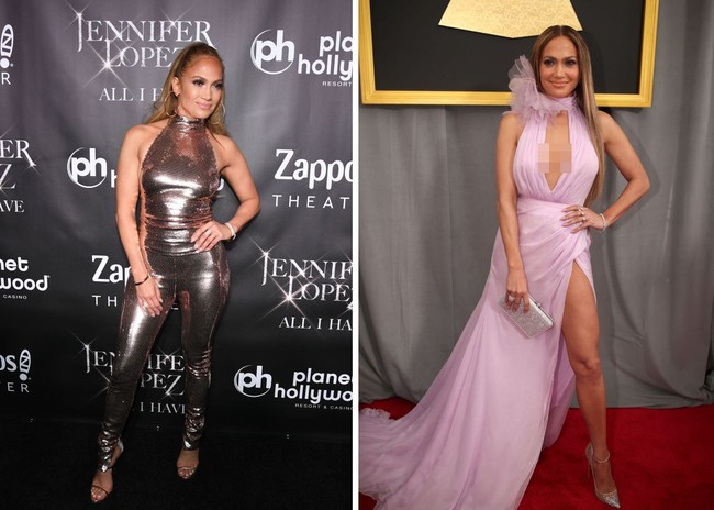 Hampir di setiap pemotretan red carpet, Jennifer Lopez selalu menekuk salah satu kakinya ke depan dan berkacak pinggang. Foto: Getty Images