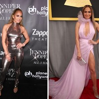 Hampir di setiap pemotretan red carpet, Jennifer Lopez selalu menekuk salah satu kakinya ke depan dan berkacak pinggang. Foto: Getty Images