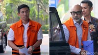 Direktur PT Tjokro Bersaudara Kurniawan Eddy Tjokro alias Yudi Tjokro dan pengusaha Alexander Muskitta (berkacamata) tiba hampir berbarengan di gedung KPK, Jakarta, Selasa (2/7/2019).