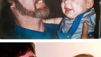 “Ayahku telah meninggal. Ini adalah foto ia sedang menggendongku ketika aku berumur 7 bulan, dan kini menggendong putraku sendiri yang berumur 7 bulan. Aku berharap Ayah bisa hidup untuk bertemu cucunya.  (Foto: Brightside)