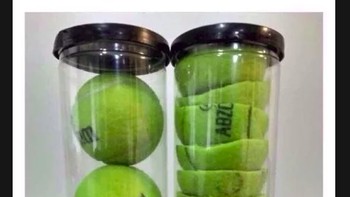 Lifehack ngawur nih. Memang sih memotong bola tenis dengan separuhnya bisa bikin muat lebih banyak, tapi jadi apa gunanya bola itu? (Foto: Via 9gag)