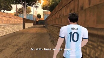 Meme a la GTA San Andreas yang tengah populer ini juga sangat pas menggambarkan bagaimana Messi harus mengulang dari awal lagi untuk mendapat trofi bersama Argentina. Foto: Istimewa