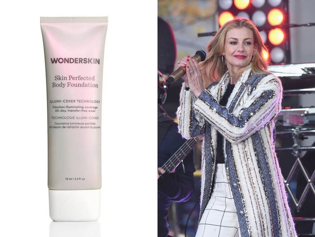 Penyanyi Faith Hill menerapkan foundation badan dari Wonderskin saat tampil memamerkan kaki jenjang. Foundation dari Wonderskin tersebut menawarkan coverage yang tinggi tanpa menodai busana yang digunakan. Wonderskin Skin Perfected Body Foundation seharga Rp 400 ribuan.  Foto: ist, Getty Images