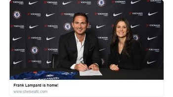 Momen saat Chelsea memperkenalkan Lampard ke publik melalui akun Twitter milik mereka. Foto: Istimewa