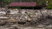 Rumah warga tertimbun lumpur dan batang pohon yang terbawa banjir. 