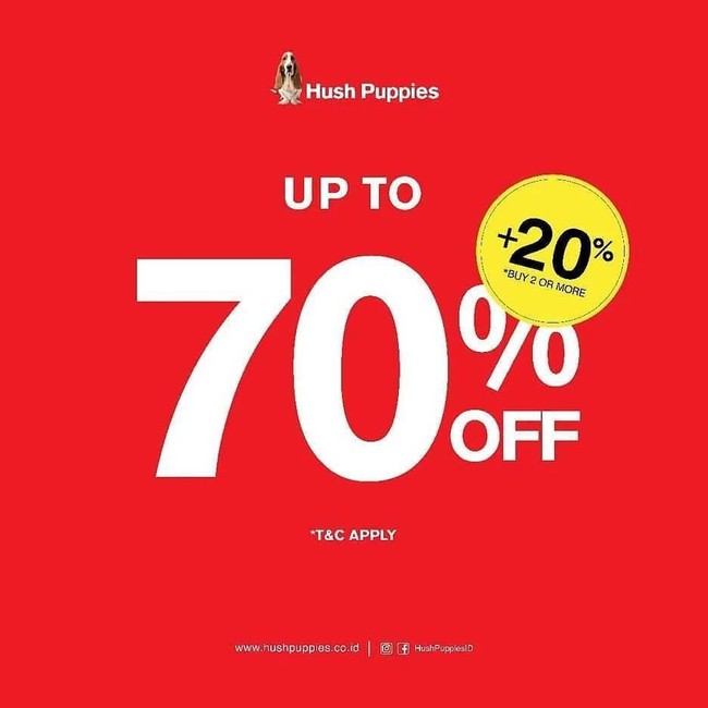 Hush Puppies diskon hingga 70% pada periode Promo End of Season Sale kali ini. Bahkan ada tambahan ada 20% untuk pembelian dua produk atau lebih. Foto: Twitter