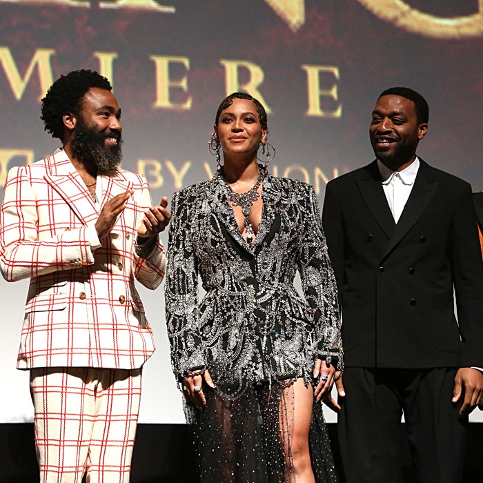 HOLLYWOOD, CALIFORNIA - JULY 09: (EDITORS NOTE: Retransmission with alternate crop.) (L-R) Donald Glover, Beyonce Knowles-Carter, and Chiwetel Ejiofor attend the World Premiere of Disney's 