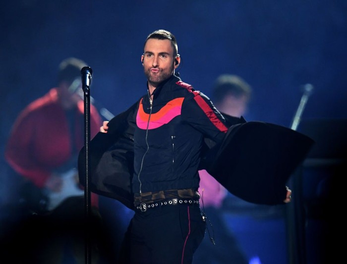 ATLANTA, GA - FEBRUARY 03:  Adam Levine of Maroon 5 performs during the Pepsi Super Bowl LIII Halftime Show at Mercedes-Benz Stadium on February 3, 2019 in Atlanta, Georgia.  (Photo by Kevin Winter/Getty Images)