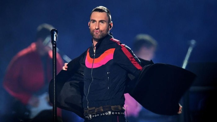 ATLANTA, GA - FEBRUARY 03:  Adam Levine of Maroon 5 performs during the Pepsi Super Bowl LIII Halftime Show at Mercedes-Benz Stadium on February 3, 2019 in Atlanta, Georgia.  (Photo by Kevin Winter/Getty Images)