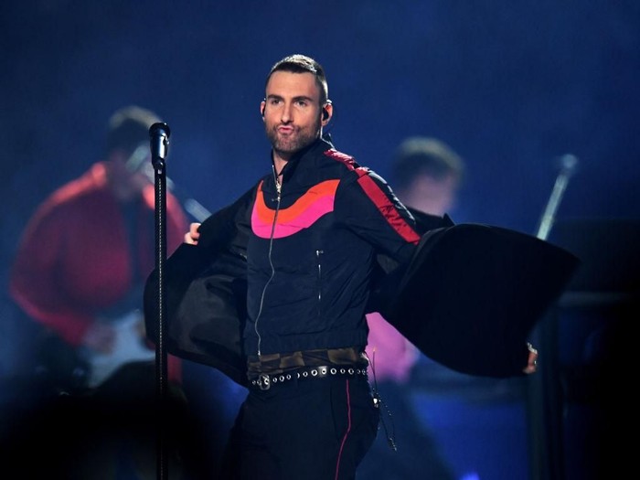 ATLANTA, GA - FEBRUARY 03:  Adam Levine of Maroon 5 performs during the Pepsi Super Bowl LIII Halftime Show at Mercedes-Benz Stadium on February 3, 2019 in Atlanta, Georgia.  (Photo by Kevin Winter/Getty Images)