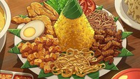 Ilustrasi tumpeng berlauk komplet juga terlihat menggoda. Lauknya ada tempe orek, irisan telur dadar, ayam goreng hingga mie goreng.  Foto: Instagram harousel
