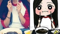 Sambil memegang kedua sumpit yang didekatkan ke pipinya, Mina terlihat sangat imut ya. Sampai-sampai dibuatkan karakter kartunnya. Foto: Instagram @minajype